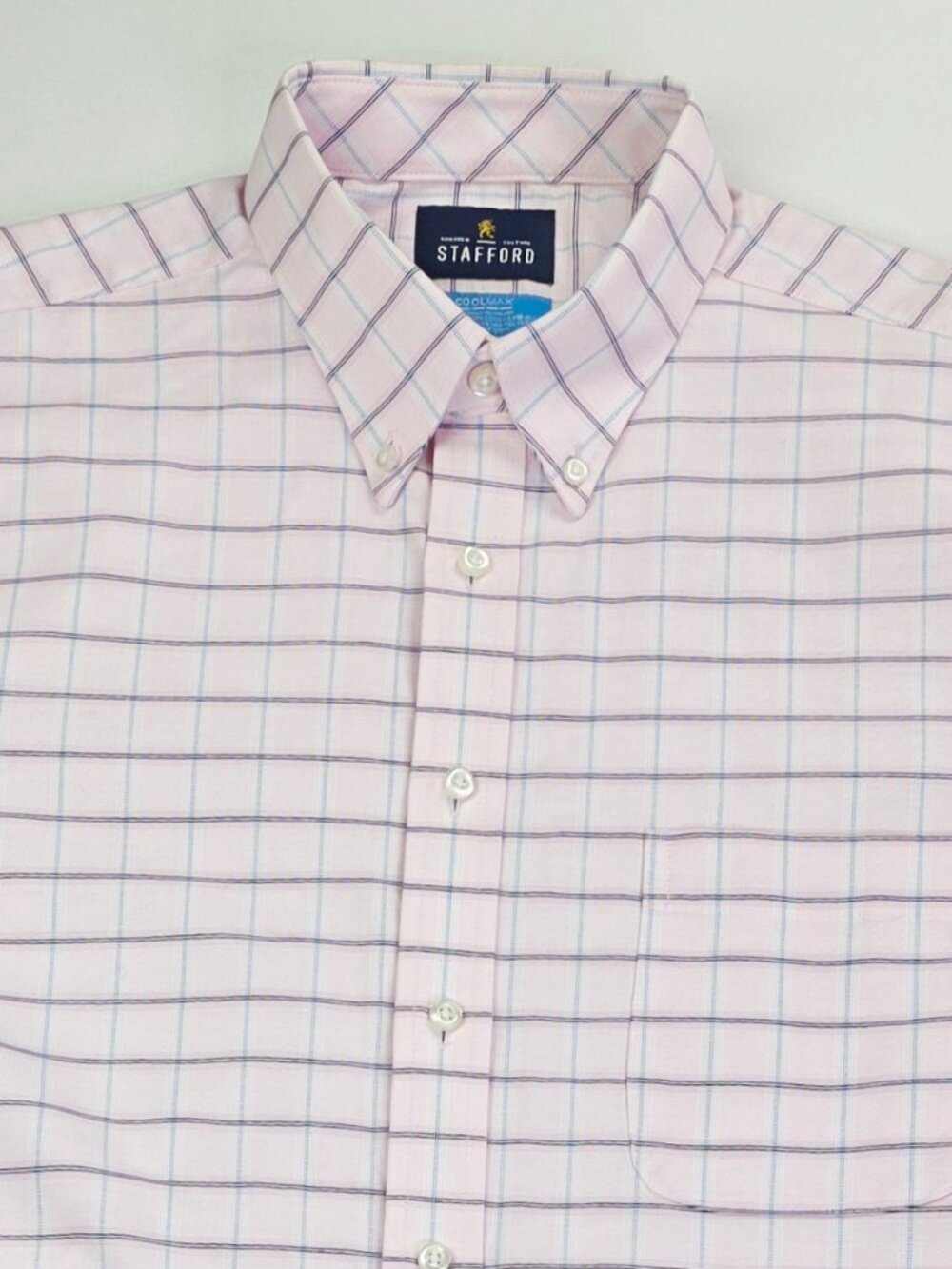 Stafford Slim Fit Coolmax Size 16-16.5 32-33 Pink White Blue Check Button Down